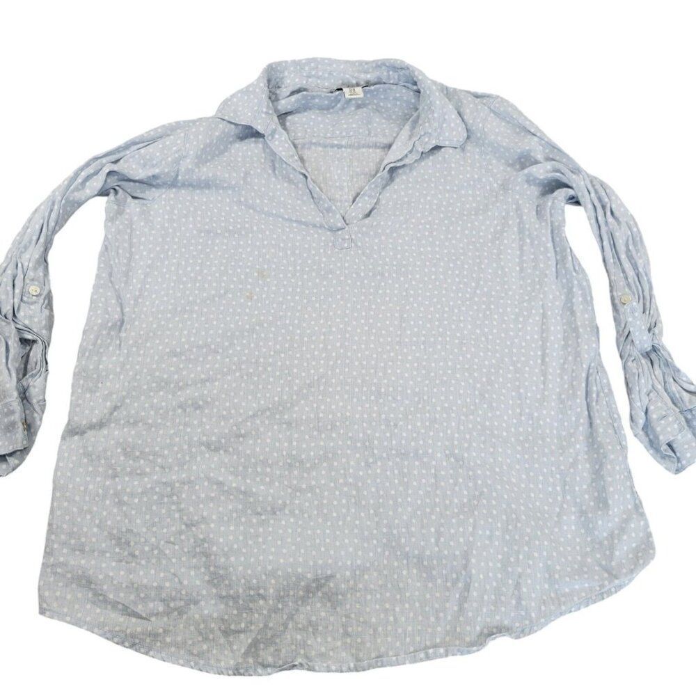 Rachel Zoe Shirt Womens 1X Blue Polka Dot 100% Linen Roll Tab V Neck Stains*